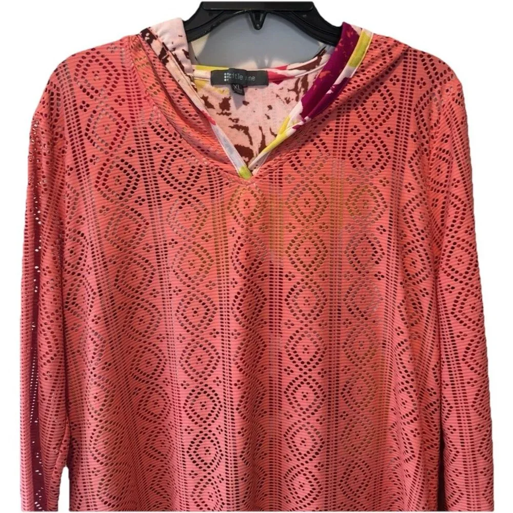 Title Nine Womens Coral‎ Laser Cut Mesh Hooded Tunic Swim Cover Up XL Resortwear